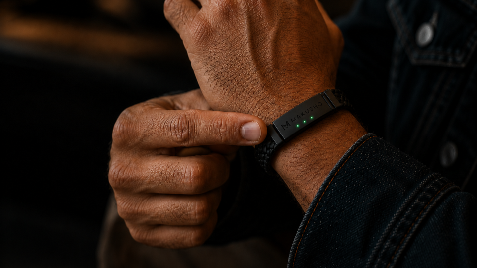Makusho charging bracelet on wrist with LED charge indicator
