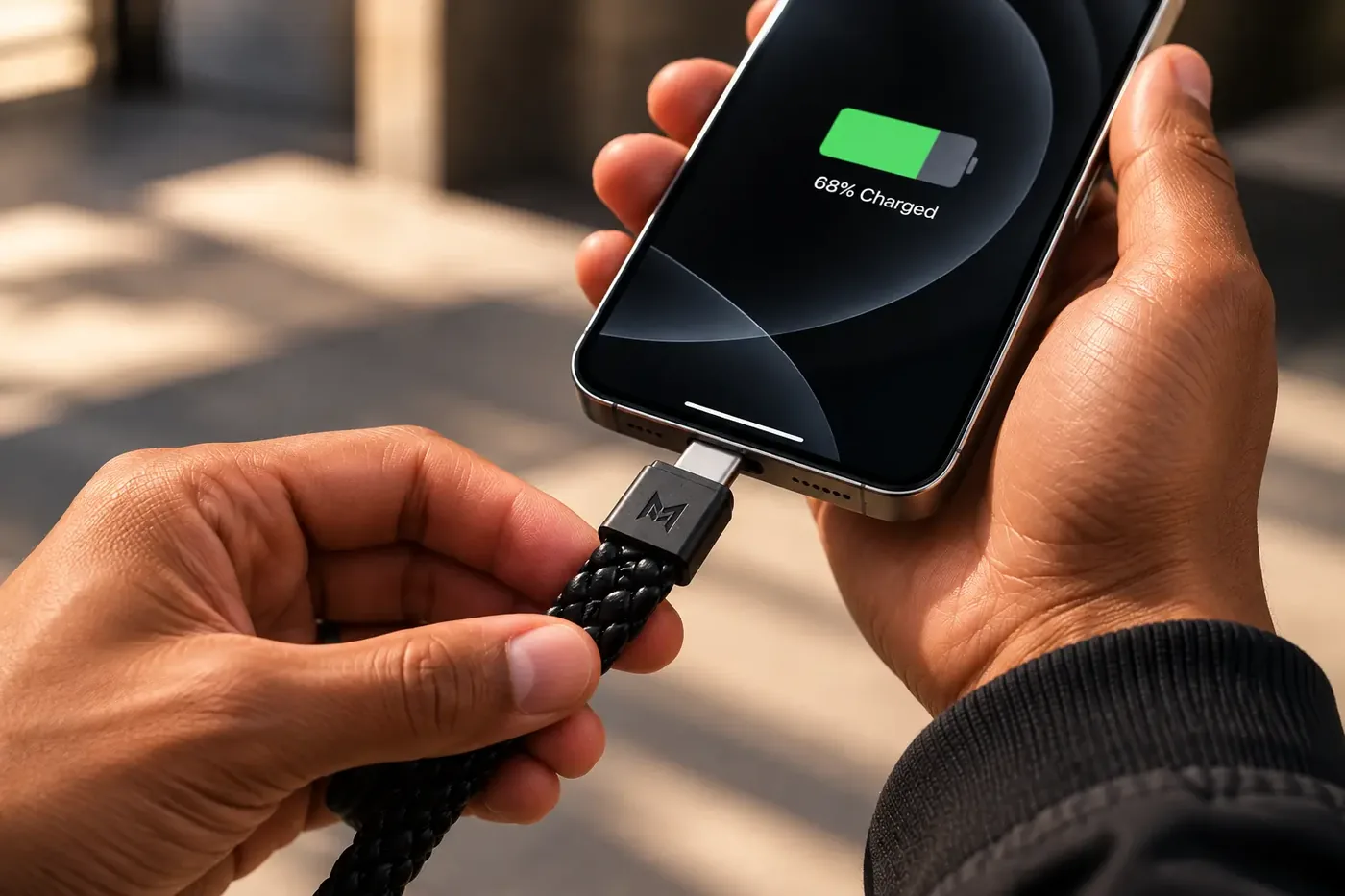 Makusho plugged into a phone showing 68% charged