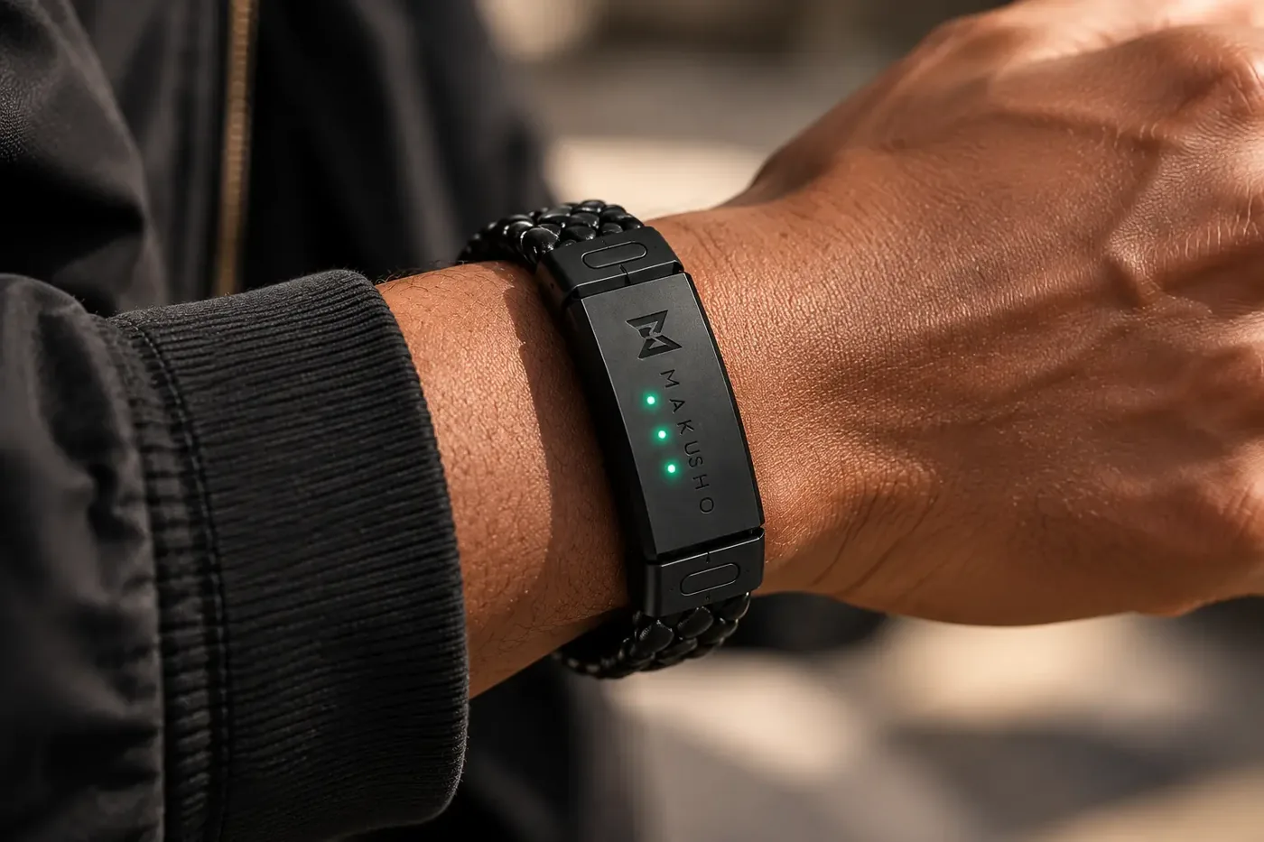Makusho bracelet worn on a wrist with three green LEDs lit